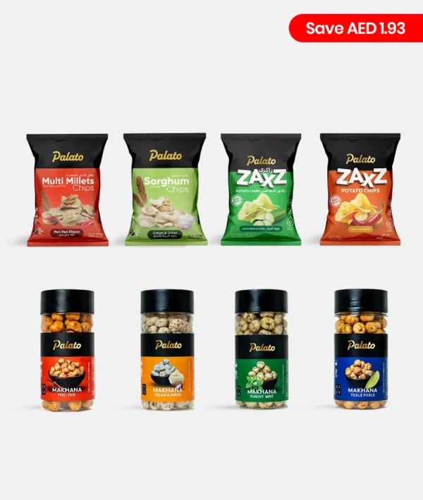 Grand Festive Party Bundle - Millet Chips + Potato Chips + Makhana<br>(Multi Millet + Sorghum Millet + Cucumber + Chilli + Peri Peri + Cream & Onion + Punchy Mint + Tickle Pickle) 8x